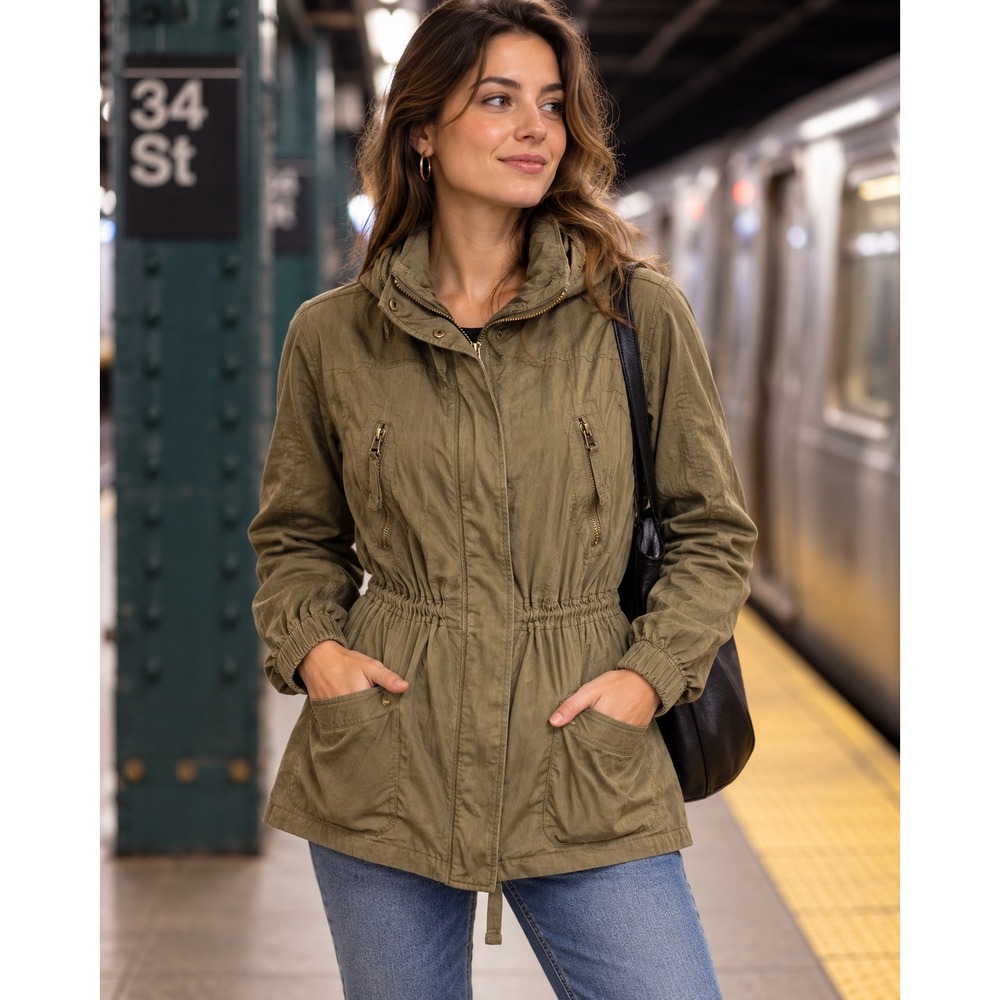 Ashley by 26 International Olive Green Utility Jacket Hidden Hood Womens Large